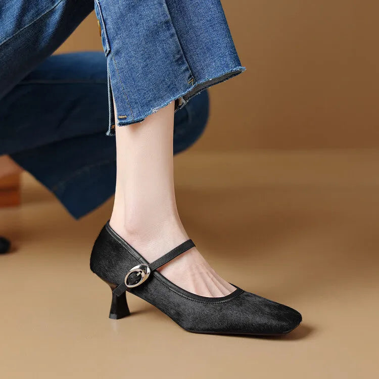 Black women's square toe stiletto ankle-strap heels with horse hair upper and buckle closure.