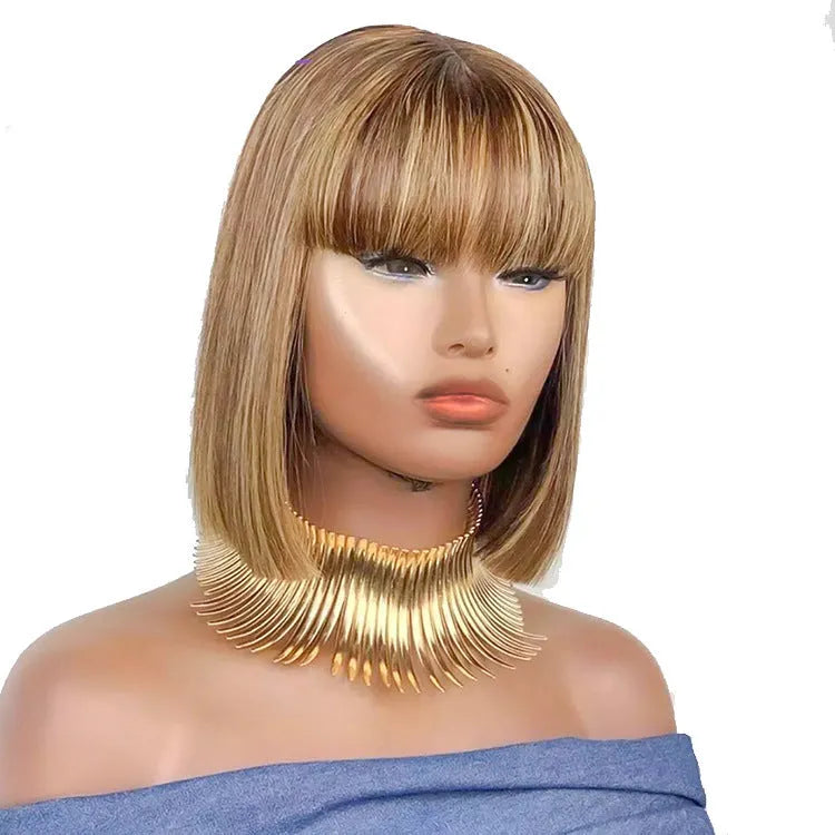 Short real hair wig with Qi bangs, P4/27 ombre colour, available in 8-14 inch lengths