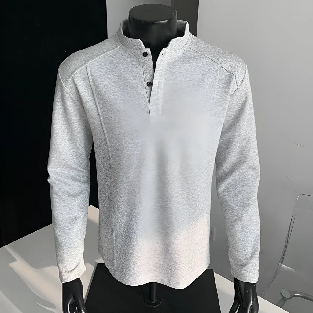Men's loose-fitting patchwork stand-up collar long sleeve polo shirt in heather gray.
