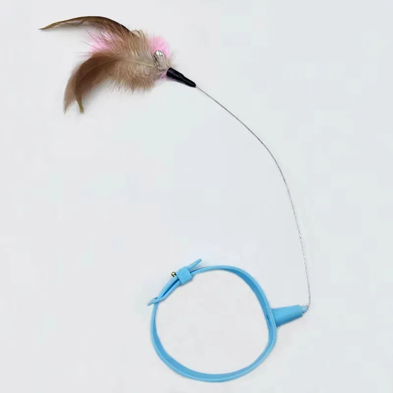 Blue adjustable cat collar toy with silicone teasing wand and feather attachment with bell