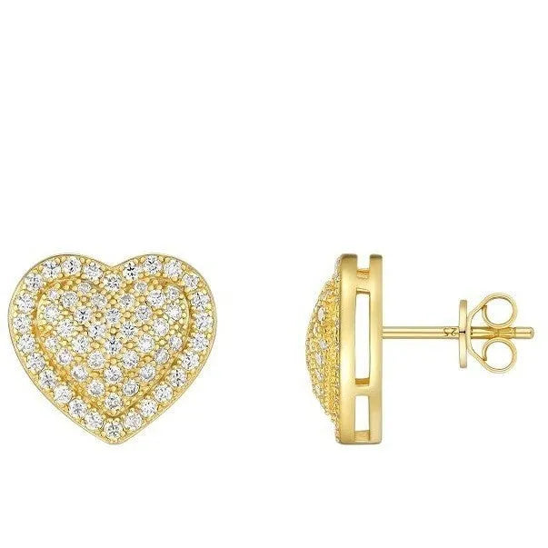 Pair of golden heart-shaped moissanite stud earrings on S925 sterling silver posts
