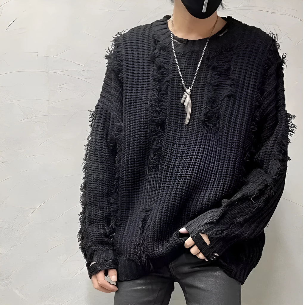 Retro tassel ripped loose knit sweater pullover for youth, cotton blend, available in black and gray
