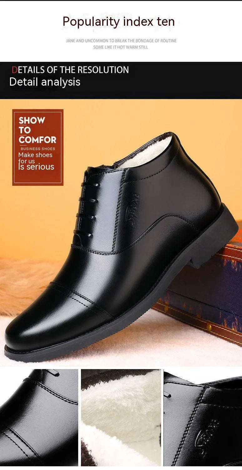 Winter real leather fleece lining men's casual cotton shoes black colour with rubber sole
