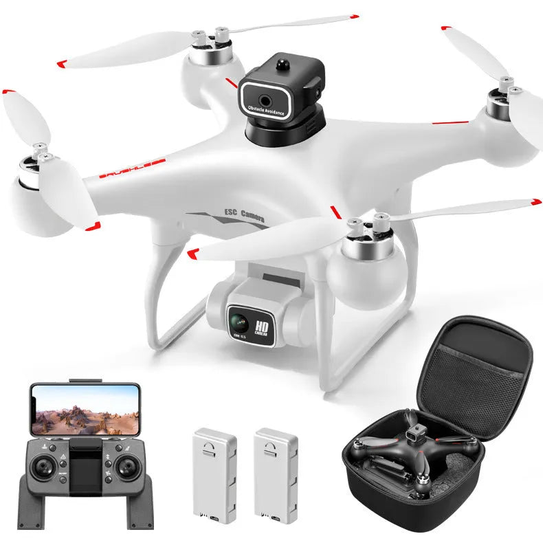 Black S116 brushless quadcopter drone with four obstacle avoidance sensors, shown with remote controller.