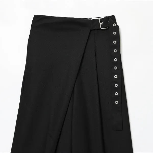Wool blend wrap design trousers for women black mid waist straight leg inelastic fabric