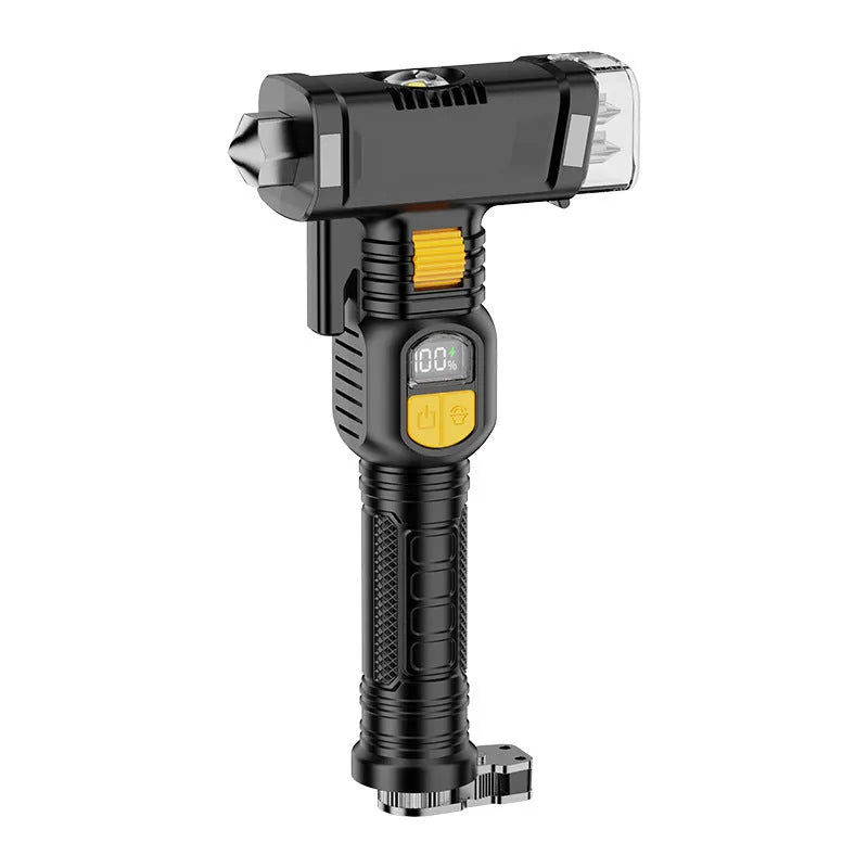 Automobile safety hammer flashlight in ABS with 1800mAh battery, red warning light, power bank, and 16 functions.