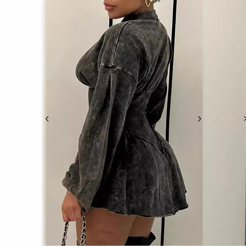 Grey slim-fit A-line dress with drawstring waist and long sleeves on a mannequin.