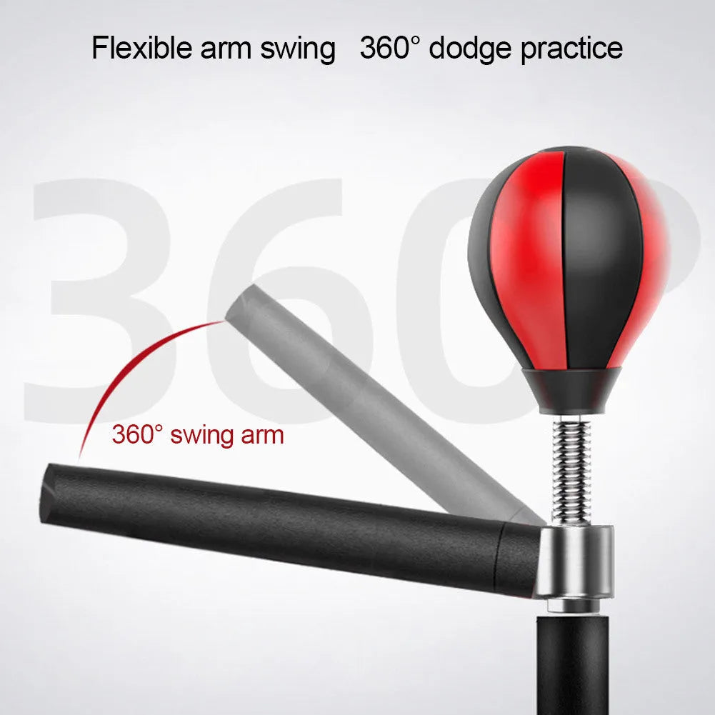 Black small boxing ball reaction trainer with 360° flexible reflex bar and 8 suction cup base on a tiled floor