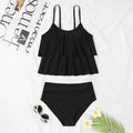 Black high-waisted double-layer swimsuit briefs and sleeveless top laid flat, with a coconut tree print variation.