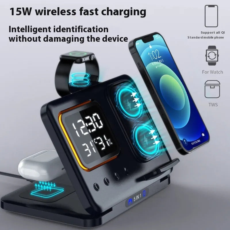 Black 15W wireless charging dock station with digital clock display charging a phone and watch