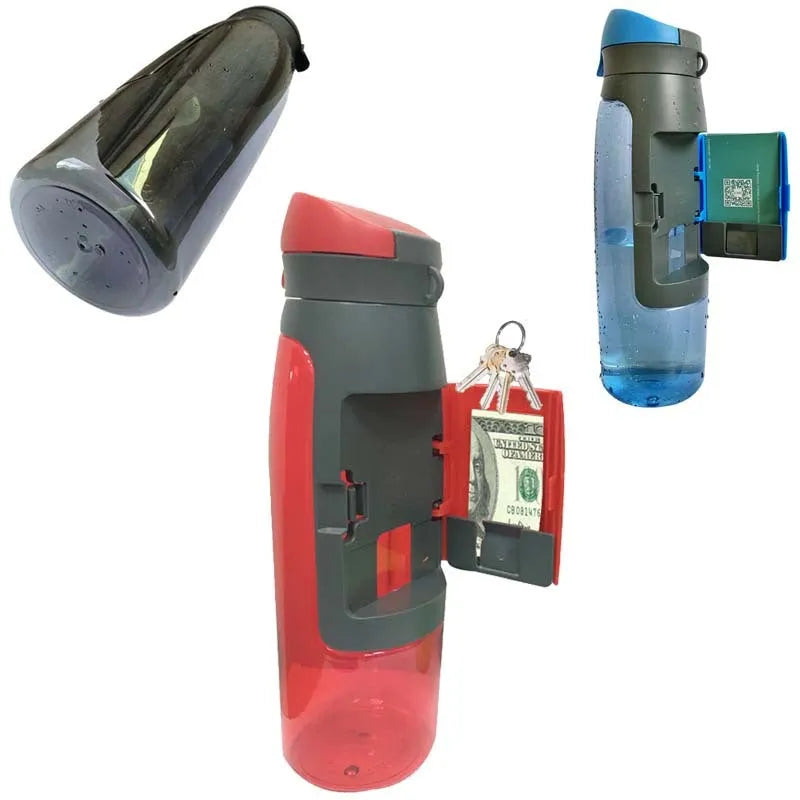 Water bottle shape hidden security container, PET, 750 ml, 7.5 x 26 cm, with BPA-free lid, shown in black.
