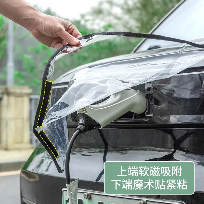 Black electric vehicle charging rain cover with magnetic strips, unfolded to 60cm by 50cm dimensions