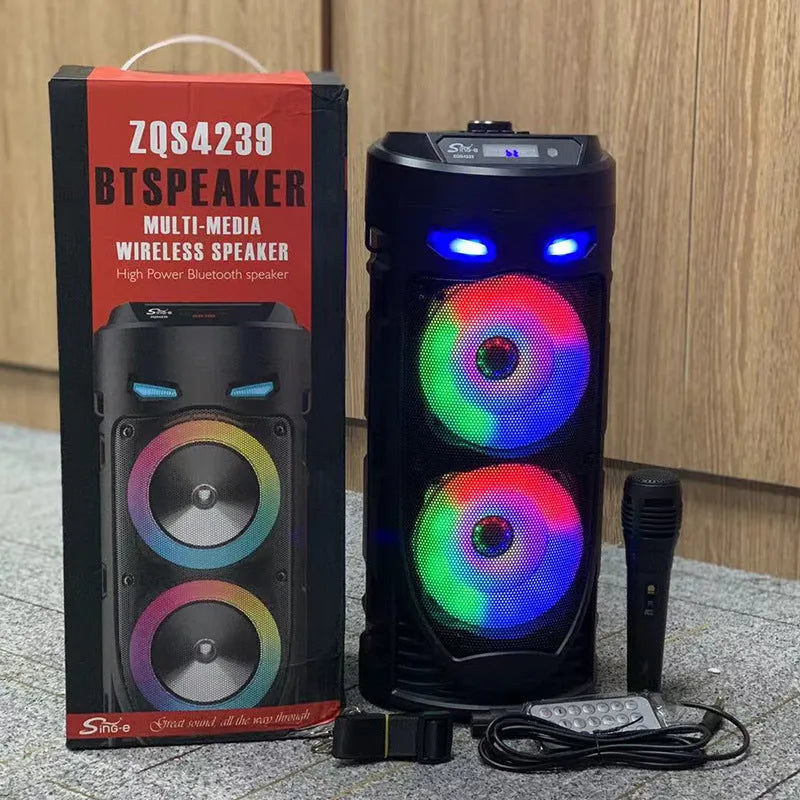 Black portable Bluetooth speaker with dual horn cannon design and USB port