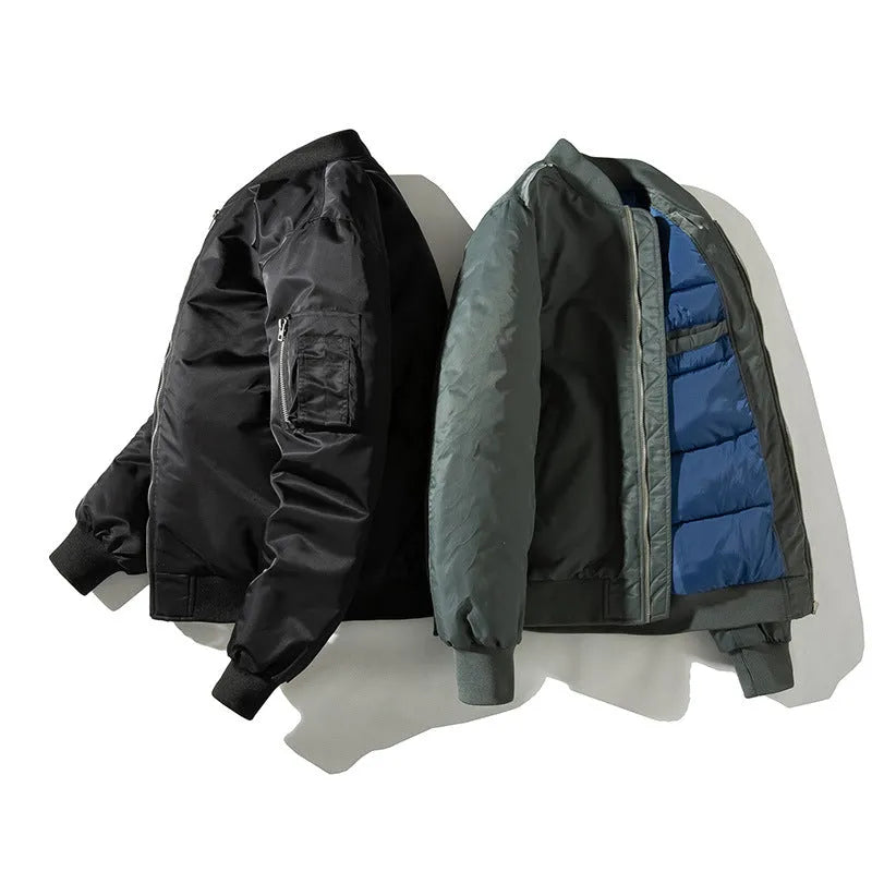Solid pilot jacket men military flight baseball style, long sleeve ribbed hem, green or black, sizes M to XXXL