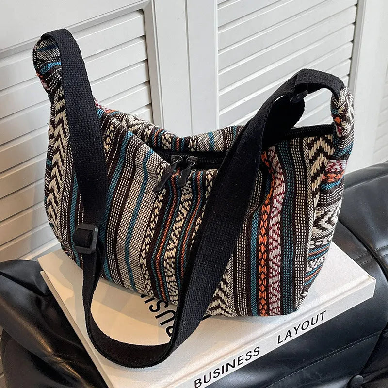 Women's ethnic style dumpling-shaped crossbody bag in canvas material with decorative sewing details