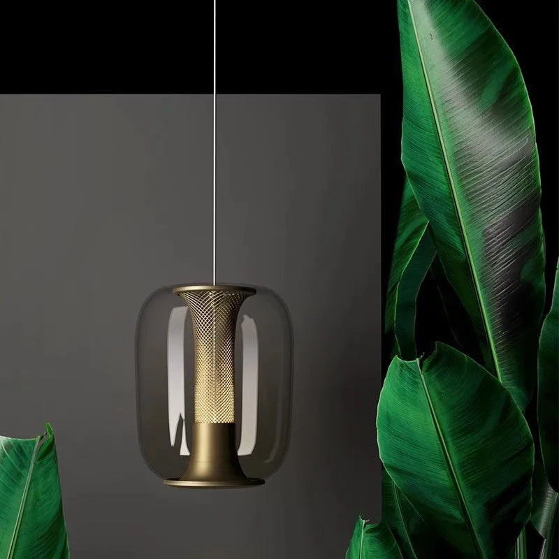 Nordic minimalist pendant chandelier with a creative glass shade in smoked grey, cognac, or transparent colour.