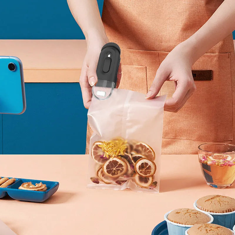 Multi-functional handheld portable food storage bag sealer with cutting head in black, white, and lake blue