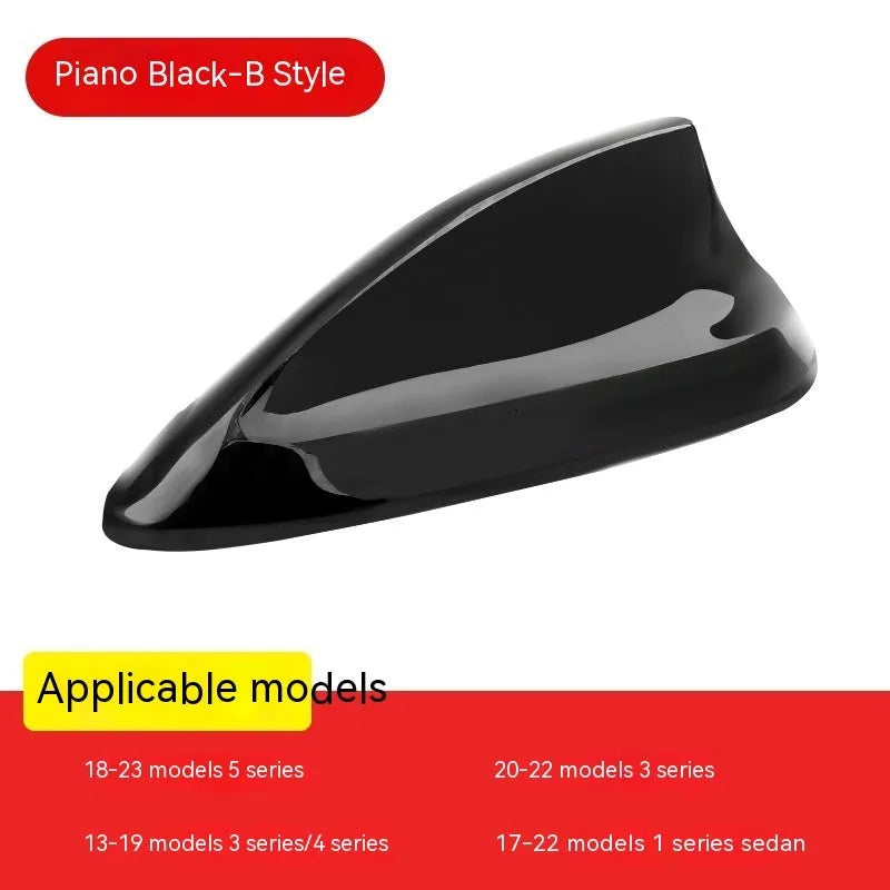 BMW shark fin antenna cover in carbon drill pattern and piano black finishes for Type A, B, and E models.