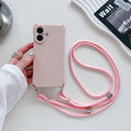 Four-corner cross lanyard liquid silicone phone case for Apple iPhone 16 Pro Max in black with detachable crossbody strap