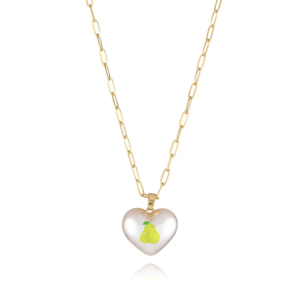 Geometric fruit pendant necklace with adjustable chain showing strawberry pineapple apple pear cherry designs