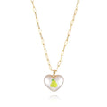 Geometric fruit pendant necklace with adjustable chain showing strawberry pineapple apple pear cherry designs