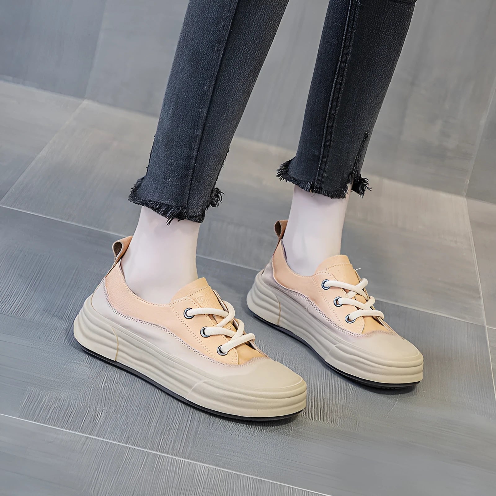 Women's leather platform sneakers in matcha green, purple and orange colours showing front lace-up design