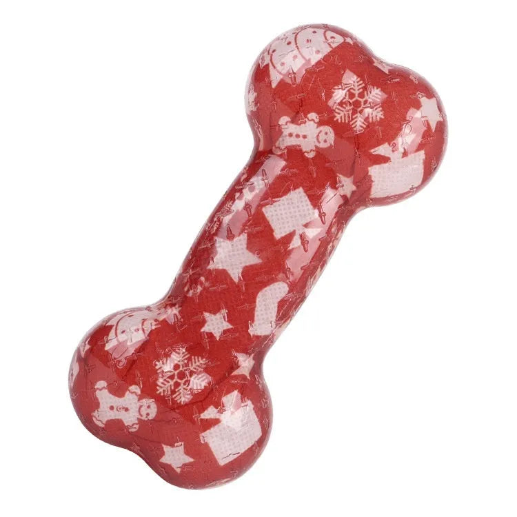 Printed bone-shaped TPR nibbling sound toy for dogs in multiple colour options