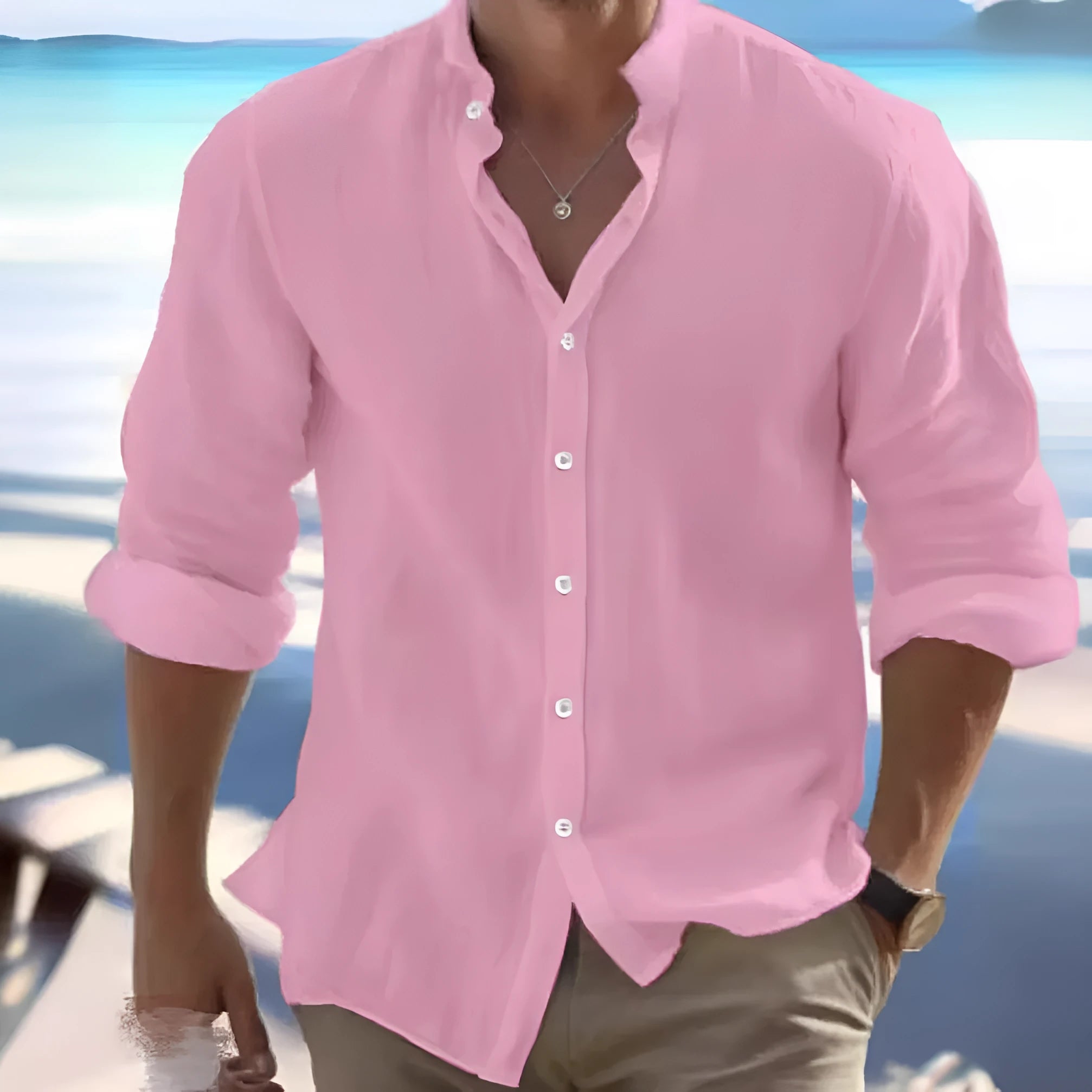 Men's light grey long-staple cotton pullover shirt with casual collage stitching detail.