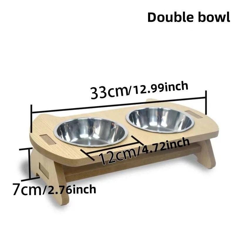 Wooden cat bowl feeder with two stainless steel inserts for food and water