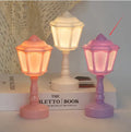 Retro pagoda-shaped night lamp in light purple colour with geometric design and built-in battery