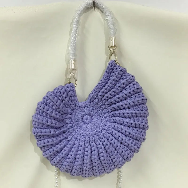 Round handmade woven crossbody bag with pearl chain strap, 25x25cm, polyester, multiple colour options