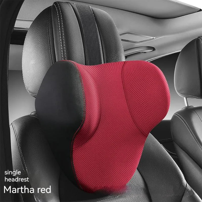 Memory foam car lumbar support pillow and matching headrest in a knitted fabric, shown in black colour.