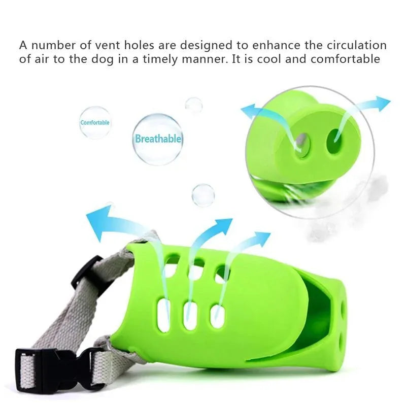 Blue silicone dog anti-bite mouth cover shown on long-mouthed breed with size dimensions displayed