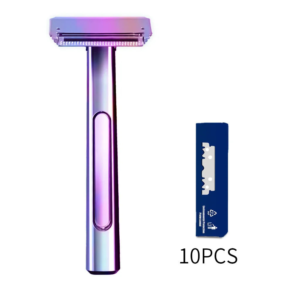 20T double-layer half-blade manual shaver with suspension head in bronze finish, next to a pack of 10 blades.