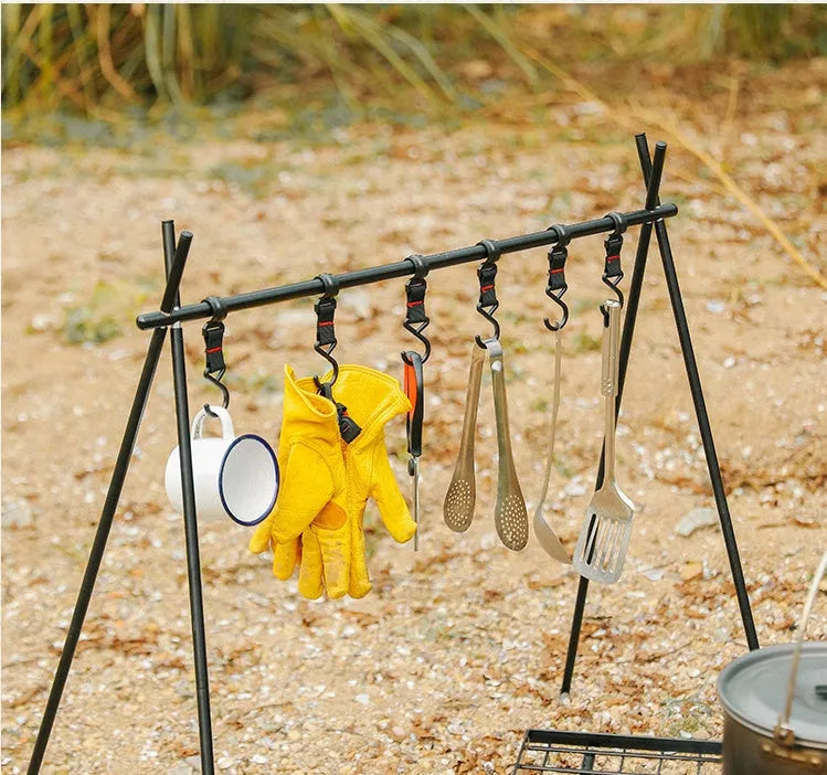 Foldable aluminium triangle camping drying rack with hooks and top tray