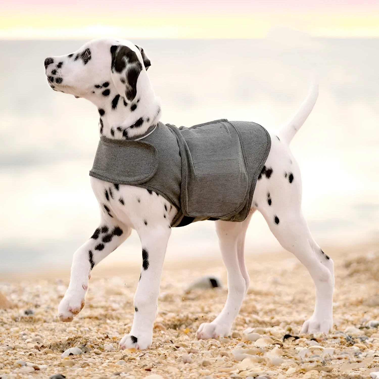 Heather Grey dog anxiety jacket warm vest in brocade cotton fabric on a mannequin.