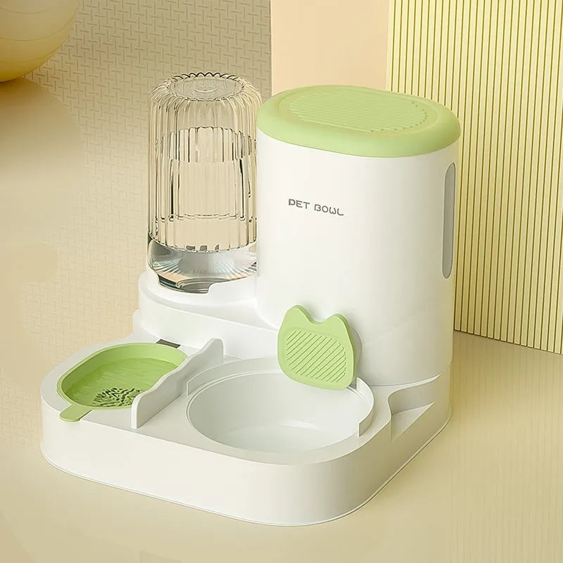 Automatic cat water fountain with two stainless steel food bowls attached, in avocado green colour.