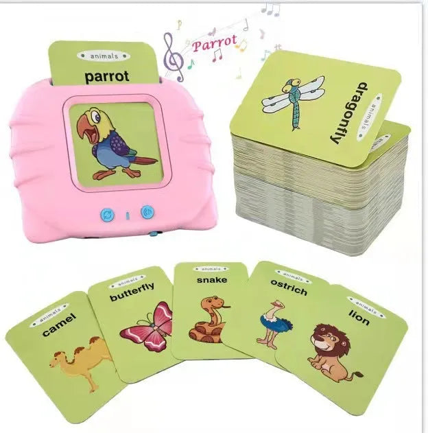 Children's English learning machine with audio book cards showing blue colour and educational interface