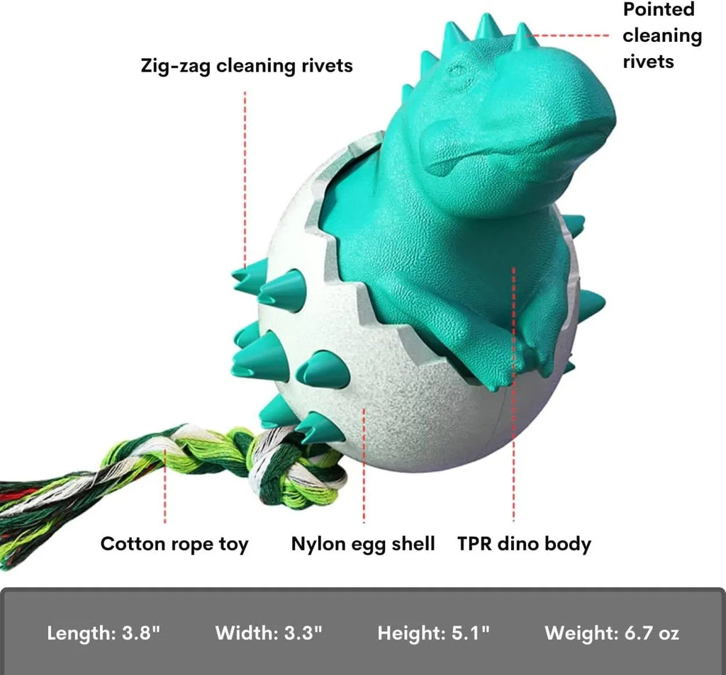 Blue durable rubber dinosaur dog chew toy with rope for aggressive chewers.