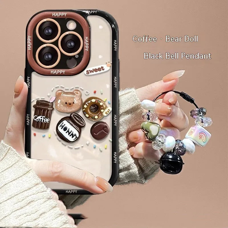 Coffee bear three-dimensional doll pendant drop-resistant silicone phone case for iPhone, cream black colour