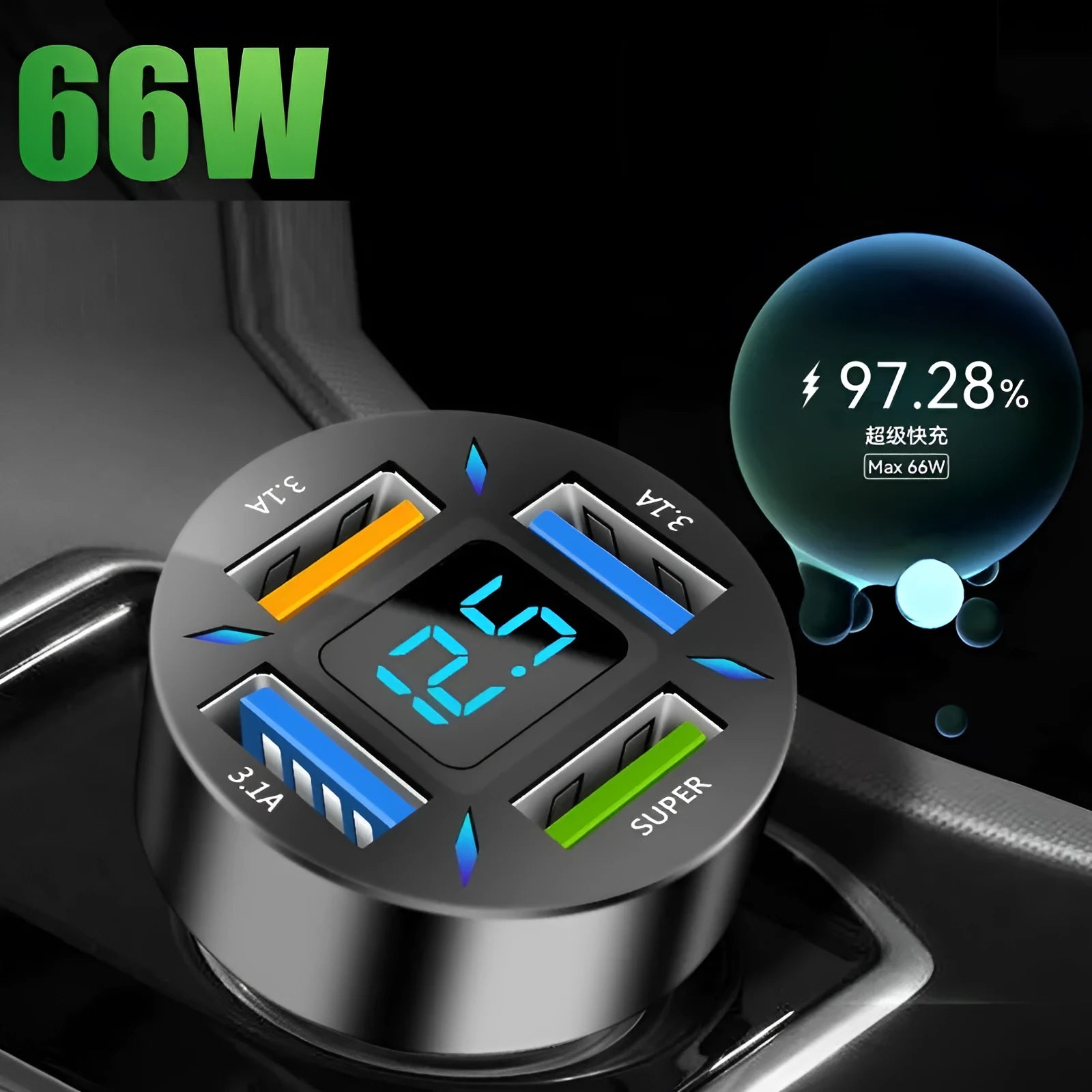 Four-port USB car charger with digital LED display for use in vehicles
