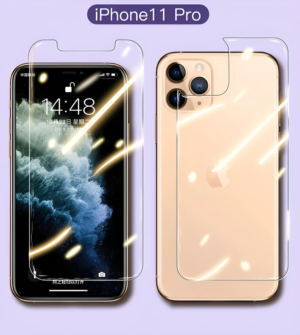 Tempered glass screen protector film for Apple iPhone models on a white background.