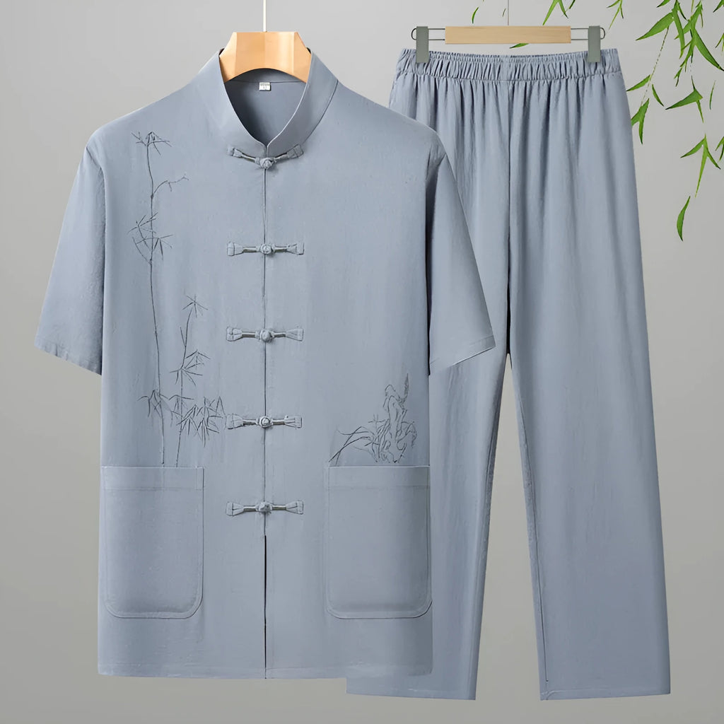 Men's cotton short-sleeved leisure suit for older gentlemen with rabbit fur fabric in multiple colour options