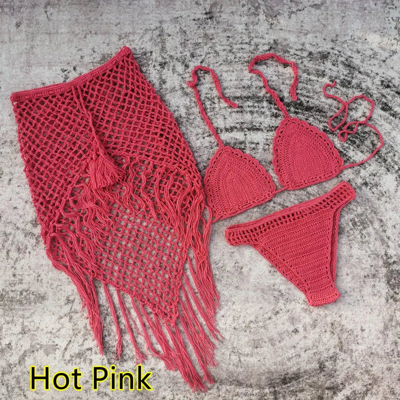 Women's handmade crochet bikini and beach skirt set in acrylic fabric.
