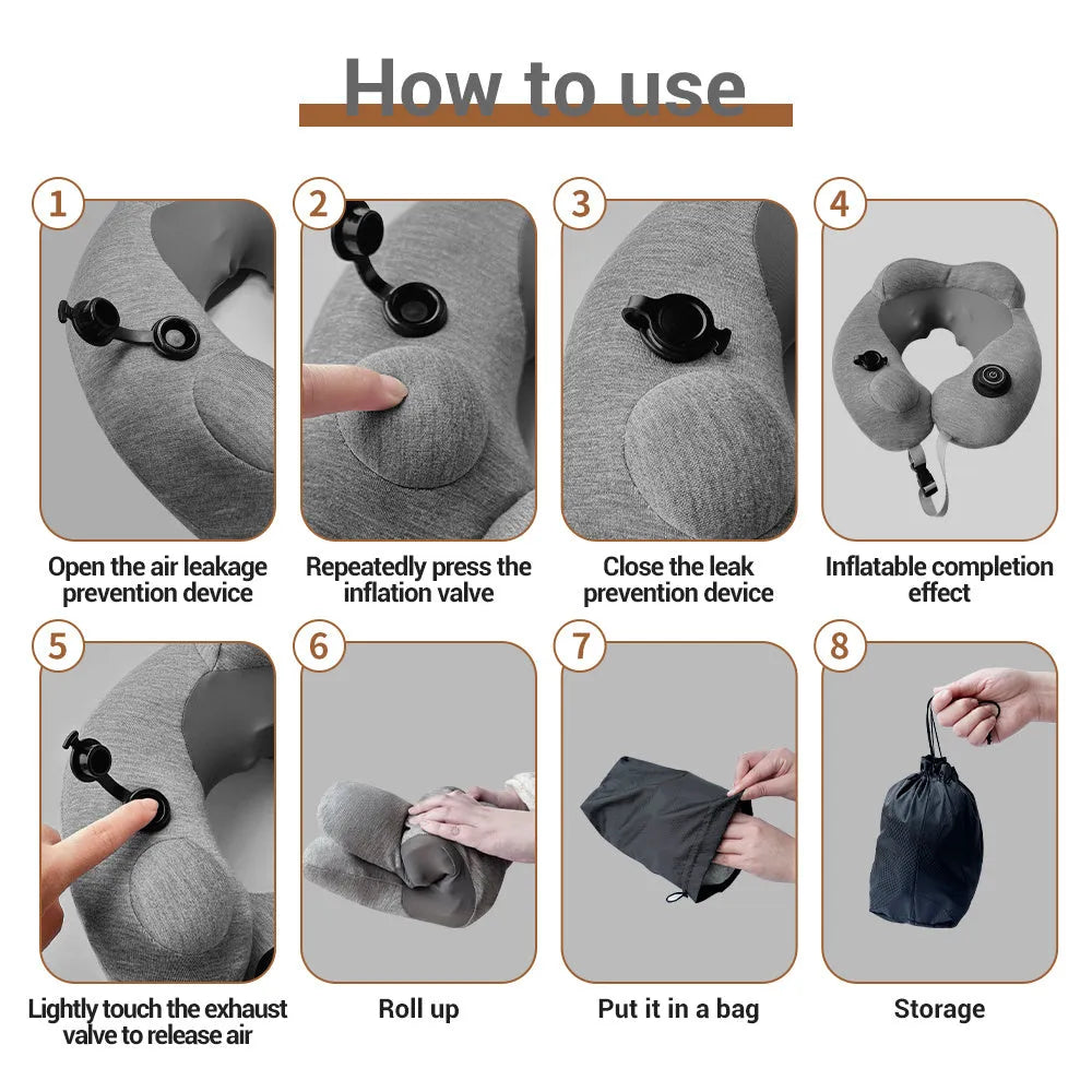 Gray inflatable U shape neck massager pillow with kneading 3 modes, deflated on a table with carry bag and USB cable