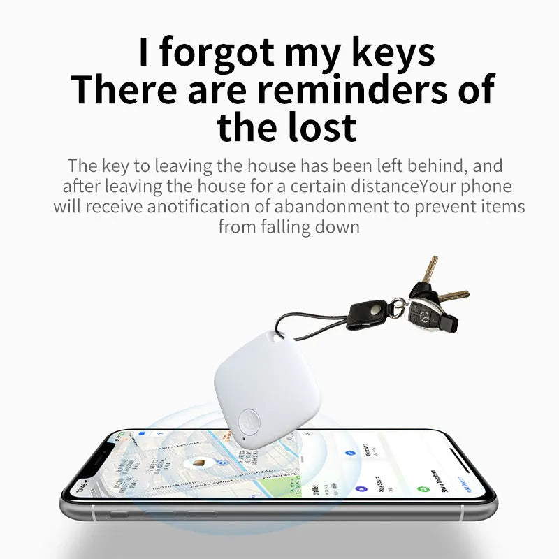 Small black Bluetooth key finder tracker on a keyring next to a smartphone showing location app.