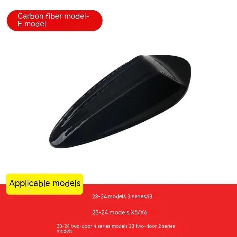 BMW shark fin antenna cover in carbon drill pattern and piano black finishes for Type A, B, and E models.