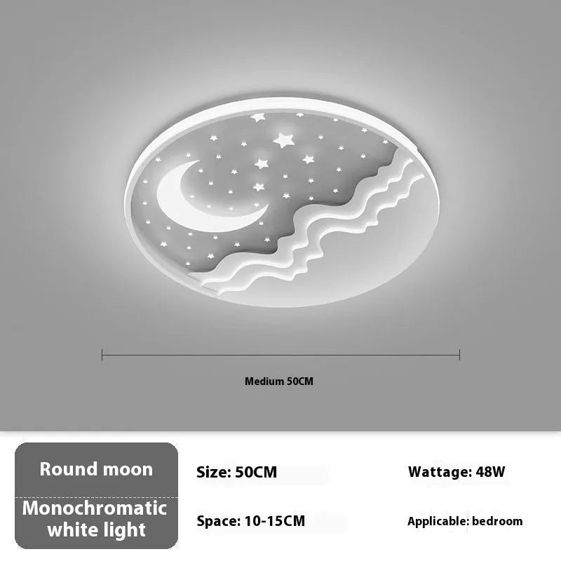 Moon ceiling light in 40cm, 50cm, or 60cm size, wrought iron and acrylic, white light or nonpolar, simple modern bedroom fixture.