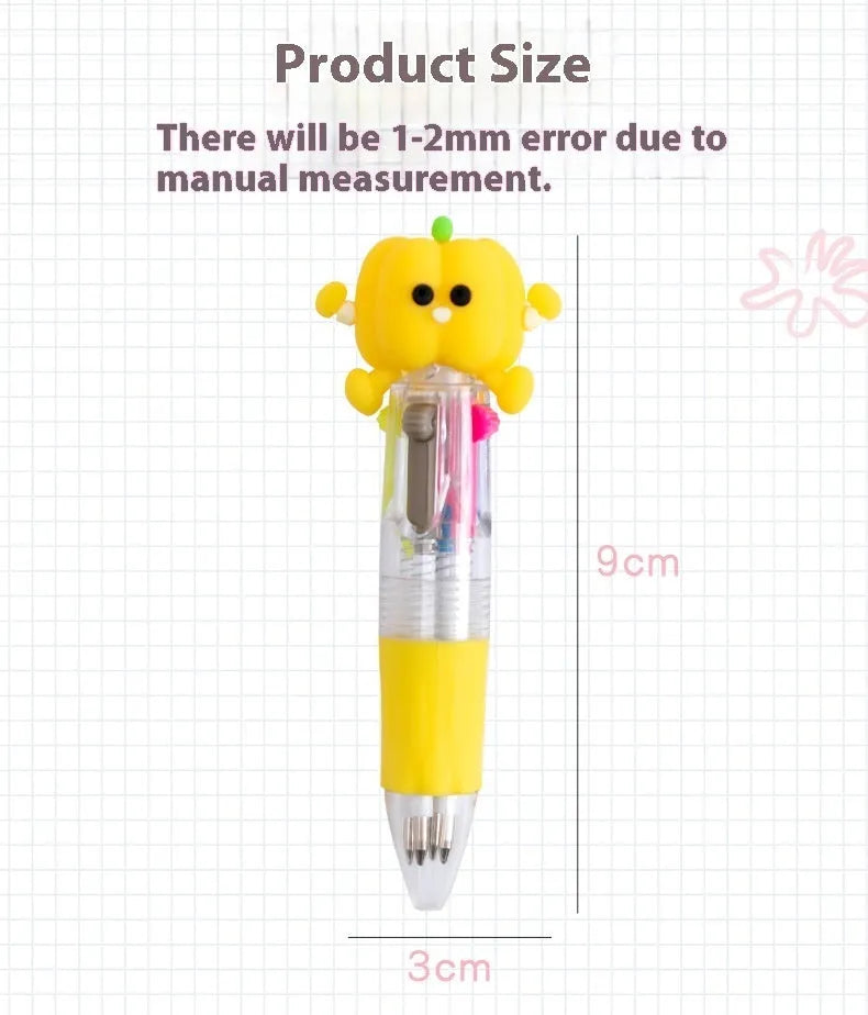 Cartoon Cute Object four-colour press ballpoint pen with random design showing 0.7mm tip.