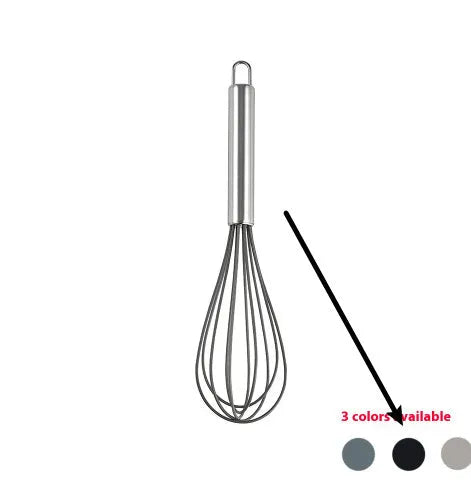 Black silicone kitchen utensil set with 12 tools in a rotating storage bucket on a kitchen countertop